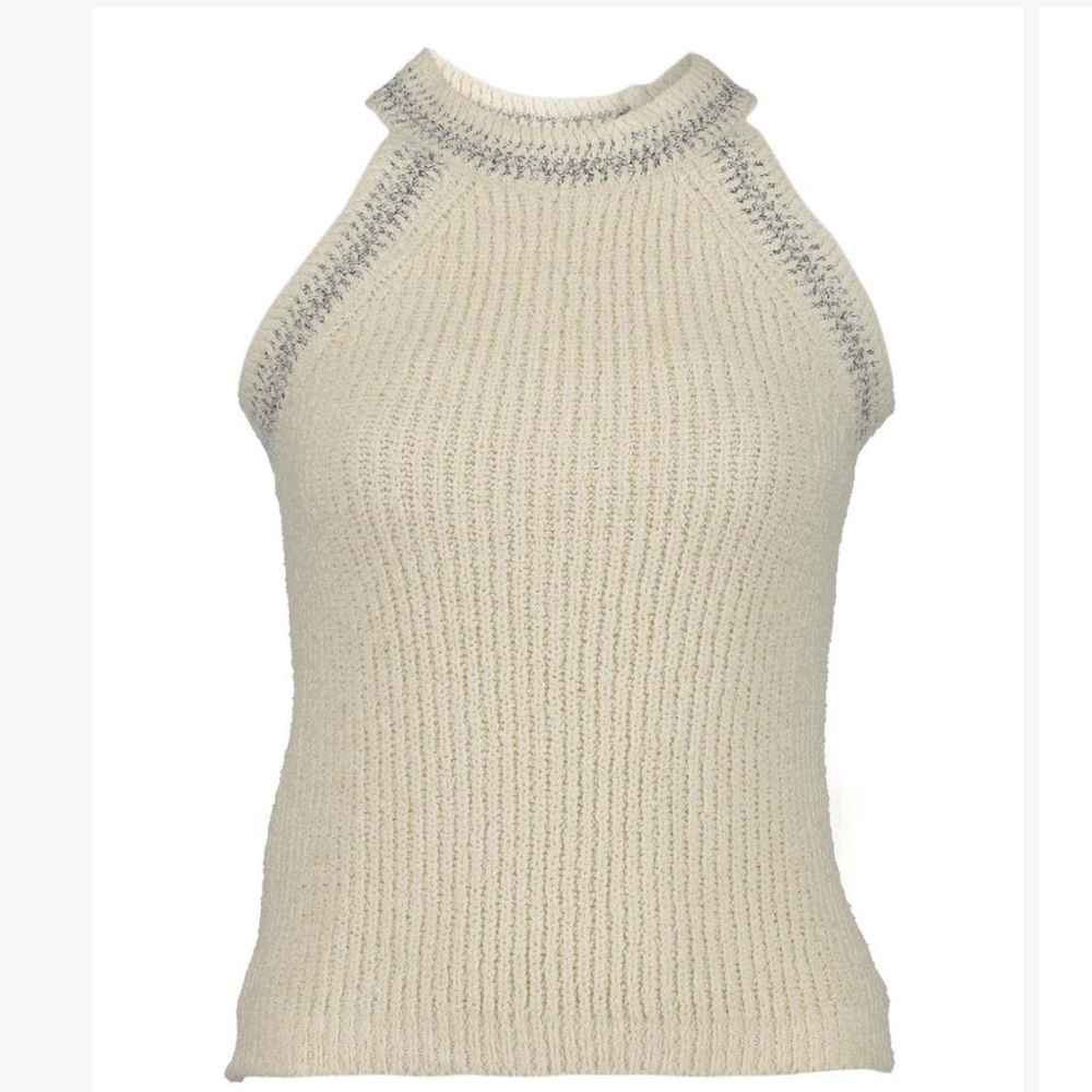 White sleeveless knit tank with yoke neck.